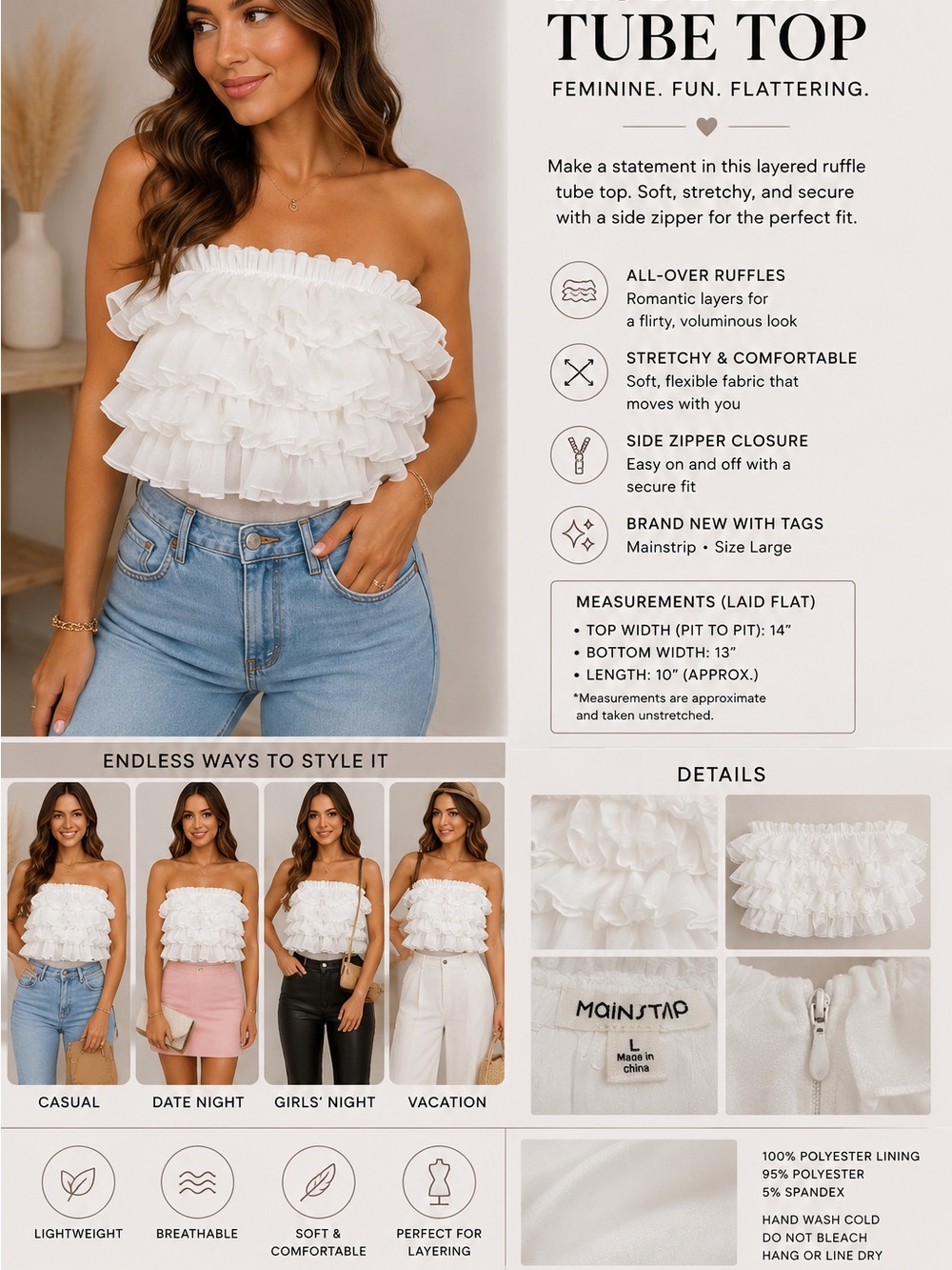 Main Strip White Ruffle Tube Top - Layered Strapless Camisole